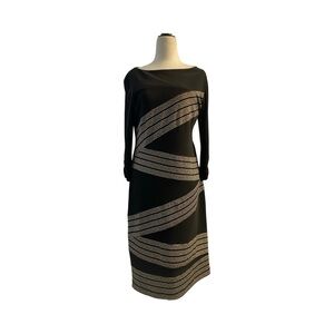 Joseph Ribkoff Elegant Black and Tan Patterned Dress Size 12 Stretch